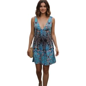 Free People Floral Boho Button Up Back Sleeveless Stretch Blue Mini Dress Size 6